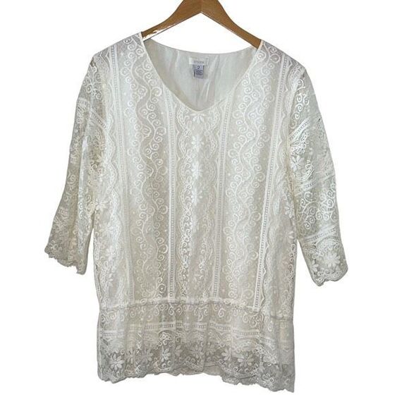 Chico's Tops - Chico's Womens V-Neck 3/4 Sleeve Lace Scallop Pullover Lined Blouse White Size 2
